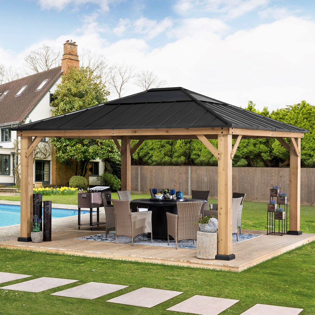 Sunjoy Cedar Framed Gazebo with Steel & Polycarbonate Hip Roof Hardtop, 13 x 15ft., Black