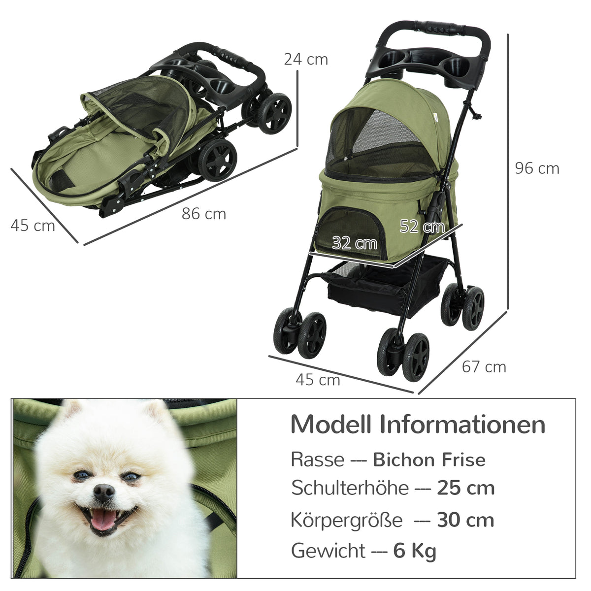 PawHut Hundewagen Hundebuggy, klappbar, 2 Sicherheitsleinen, 2 Becherhalter,  67 x 45 x 96 cm, Khaki