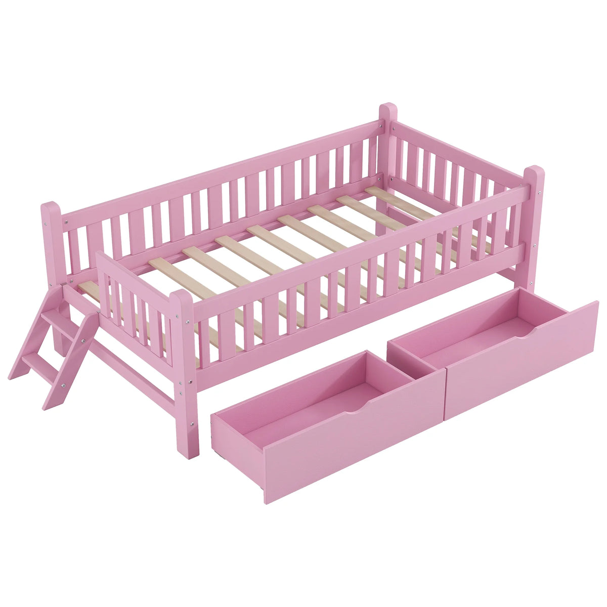 Euroco Wood Twin Size Platform Bed with 2 Drawers and Ladder for Kids and Toddlers, White