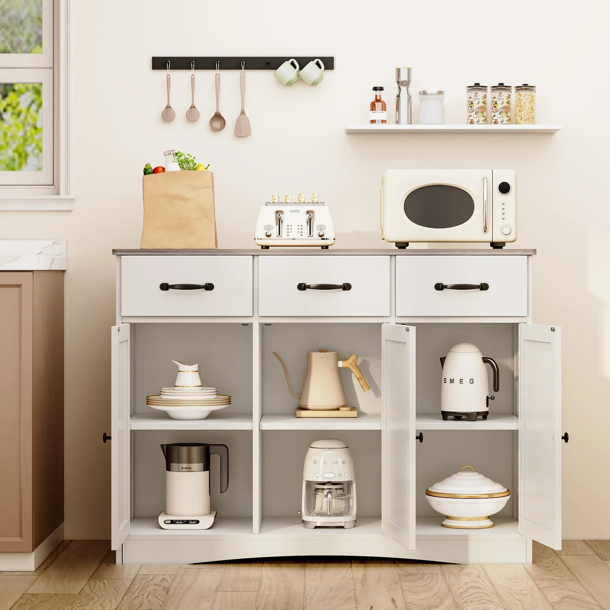 Coffee Bar Cabinet, Lofka 60" Buffet Cabinet with Storage, 2 Sliding Barn Doors & 4 Drawers for Kitchen, White + Rustic Brown