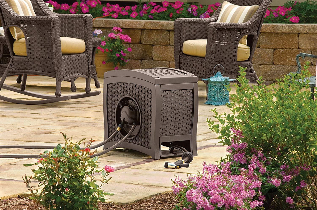 Suncast Aquawinder 125′ Wicker Garden Hose Reel – Lightweight Portable Hands – Free Water Powered Retractable Hose Reel – Java
