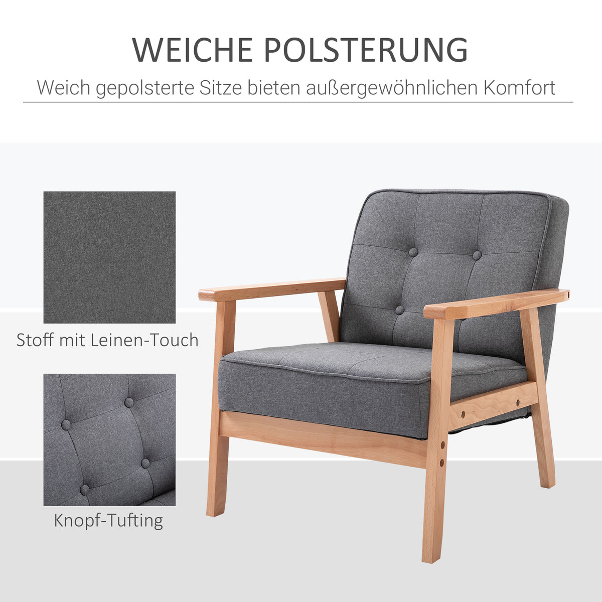 HOMCOM Einzelsofa Loungesessel Polsterstuhl mit Armlehnen Holzrahmen Leinen Grau 64,5 x 70 x 74 cm