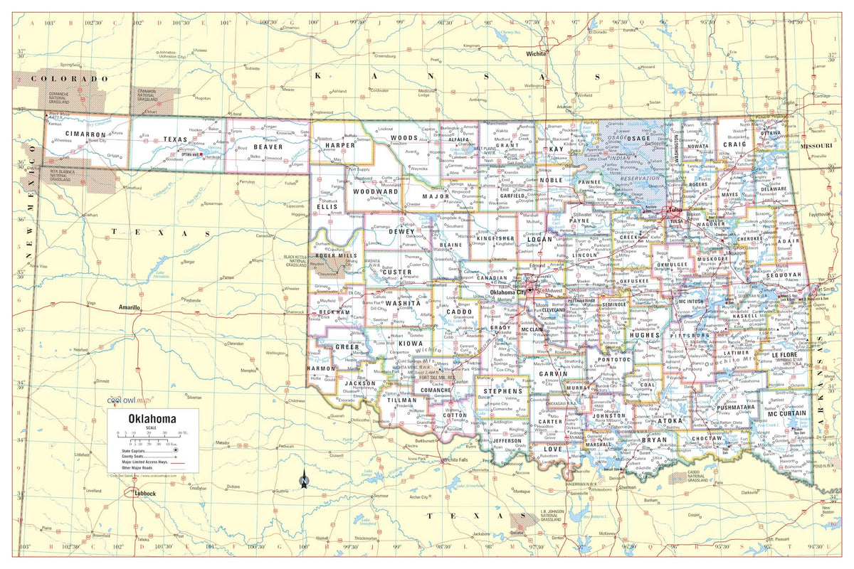 Cool Owl Maps Oklahoma State Wall Map Poster Rolled 36"Wx24"H (Laminated)