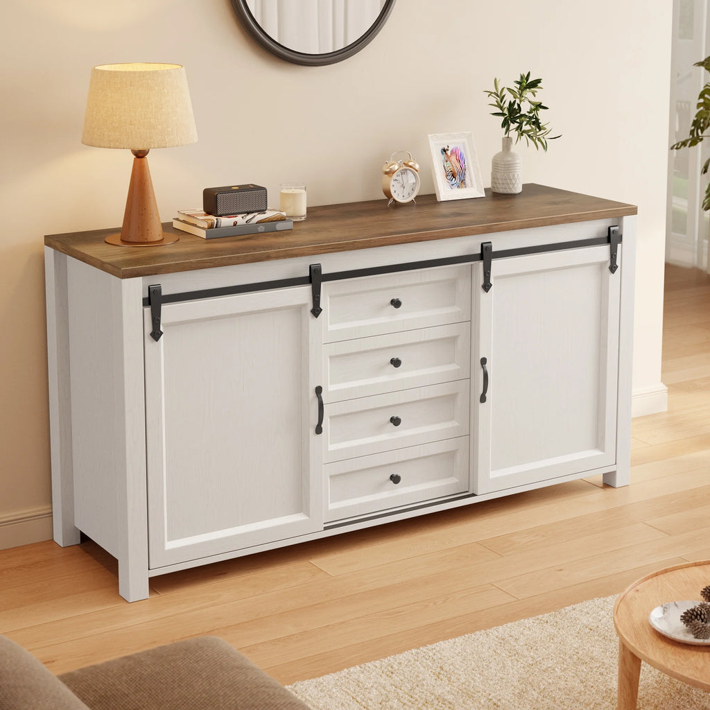 Coffee Bar Cabinet, Lofka 60" Buffet Cabinet with Storage, 2 Sliding Barn Doors & 4 Drawers for Kitchen, White + Rustic Brown