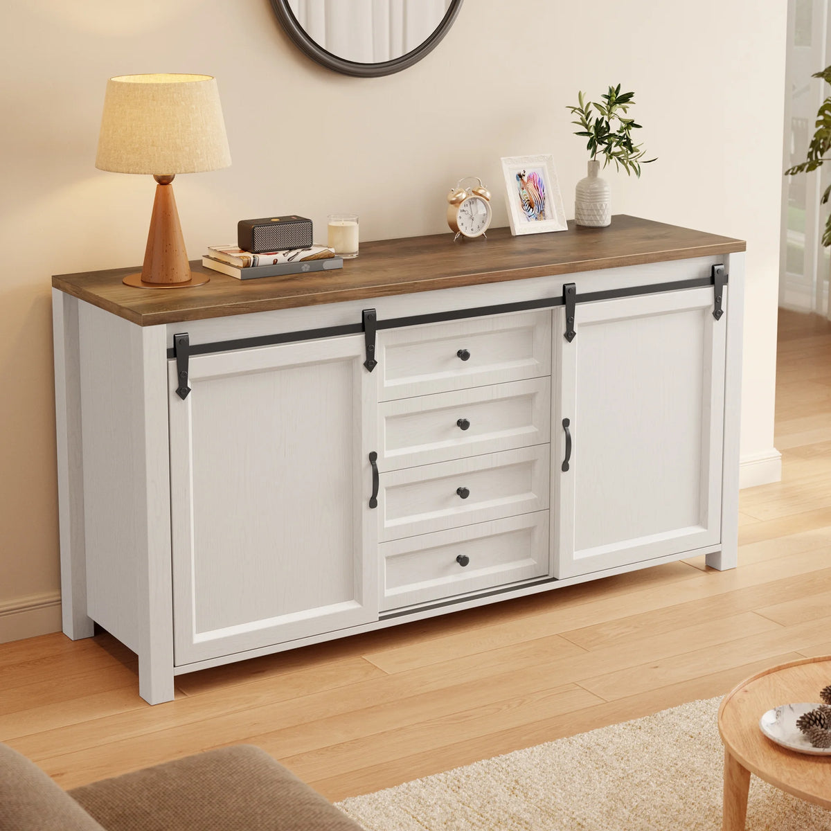 Coffee Bar Cabinet, Lofka 60" Buffet Cabinet with Storage, 2 Sliding Barn Doors & 4 Drawers for Kitchen, White + Rustic Brown