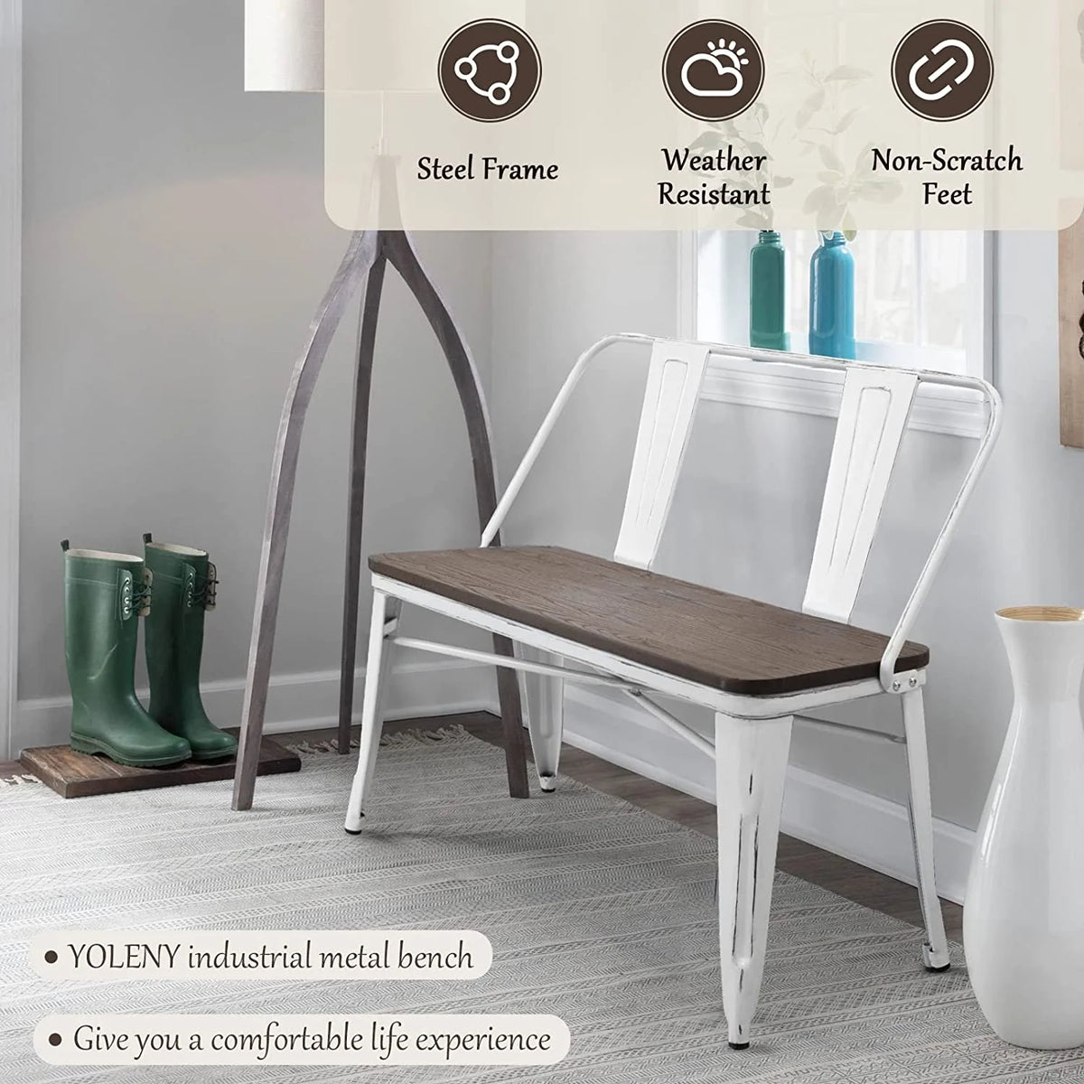 MELLCOM Metal Bench Industrial Mid - Century 2 Person Chair with Wood Seat, Dining Bench with Floor Protector