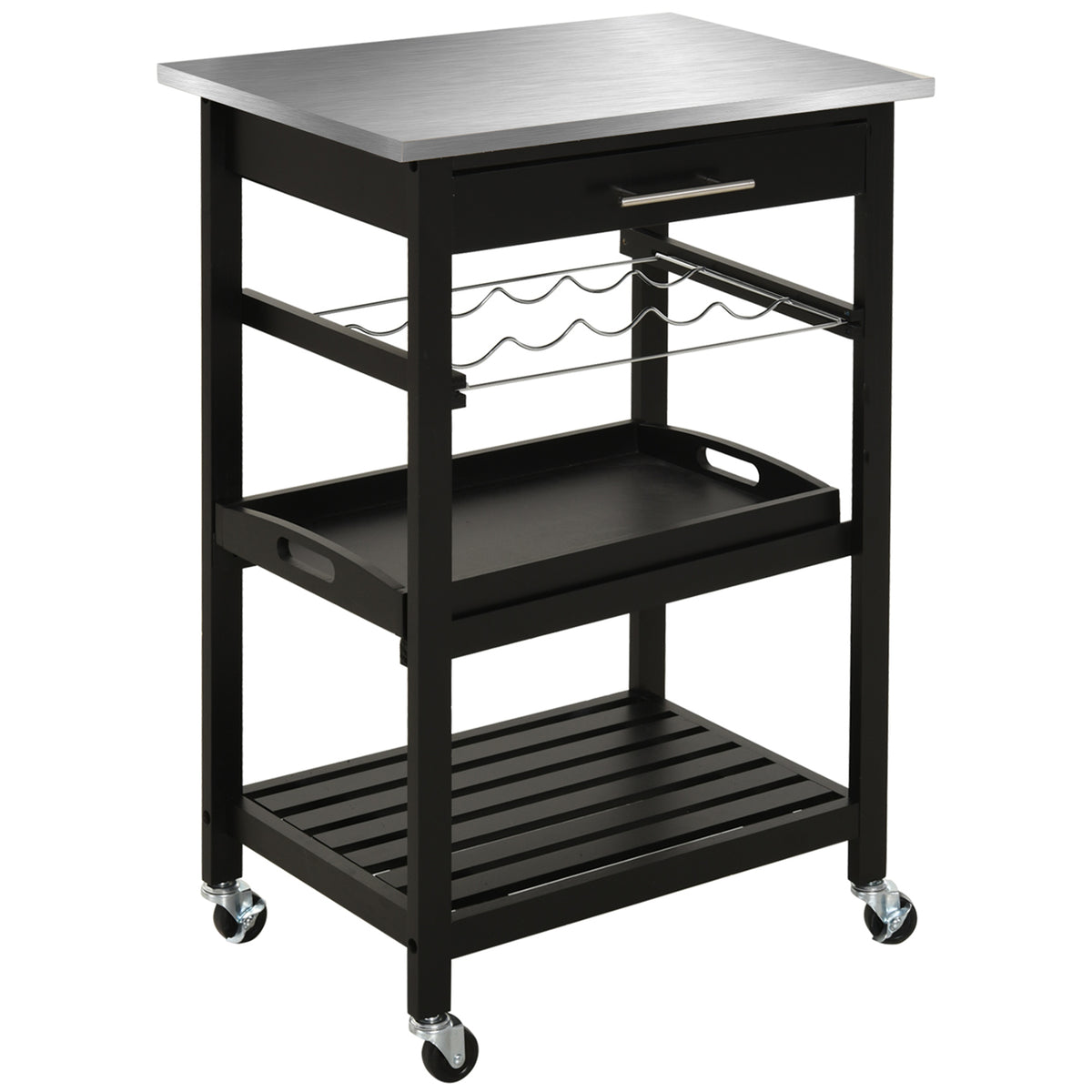 HOMCOM Küchenwagen Servierwagen Küchentisch auf Rollen mit Regal Flaschenablage 60B x 40T x 85H cm Arbeitsfläche aus Edelstahl Schwarz