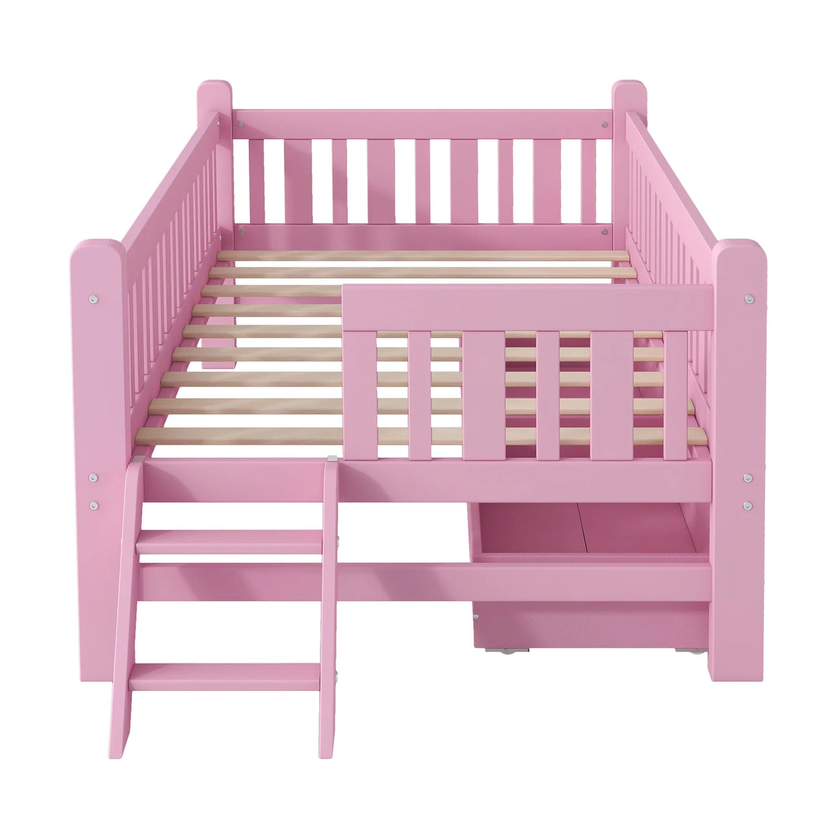 Euroco Wood Twin Size Platform Bed with 2 Drawers and Ladder for Kids and Toddlers, White