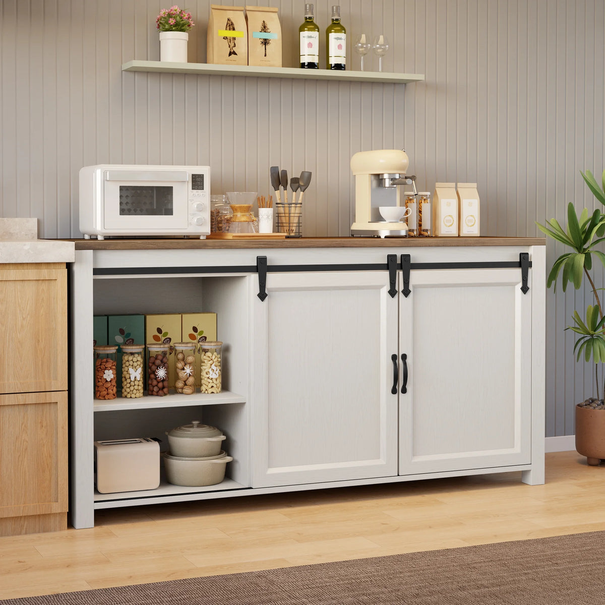 Coffee Bar Cabinet, Lofka 60" Buffet Cabinet with Storage, 2 Sliding Barn Doors & 4 Drawers for Kitchen, White + Rustic Brown