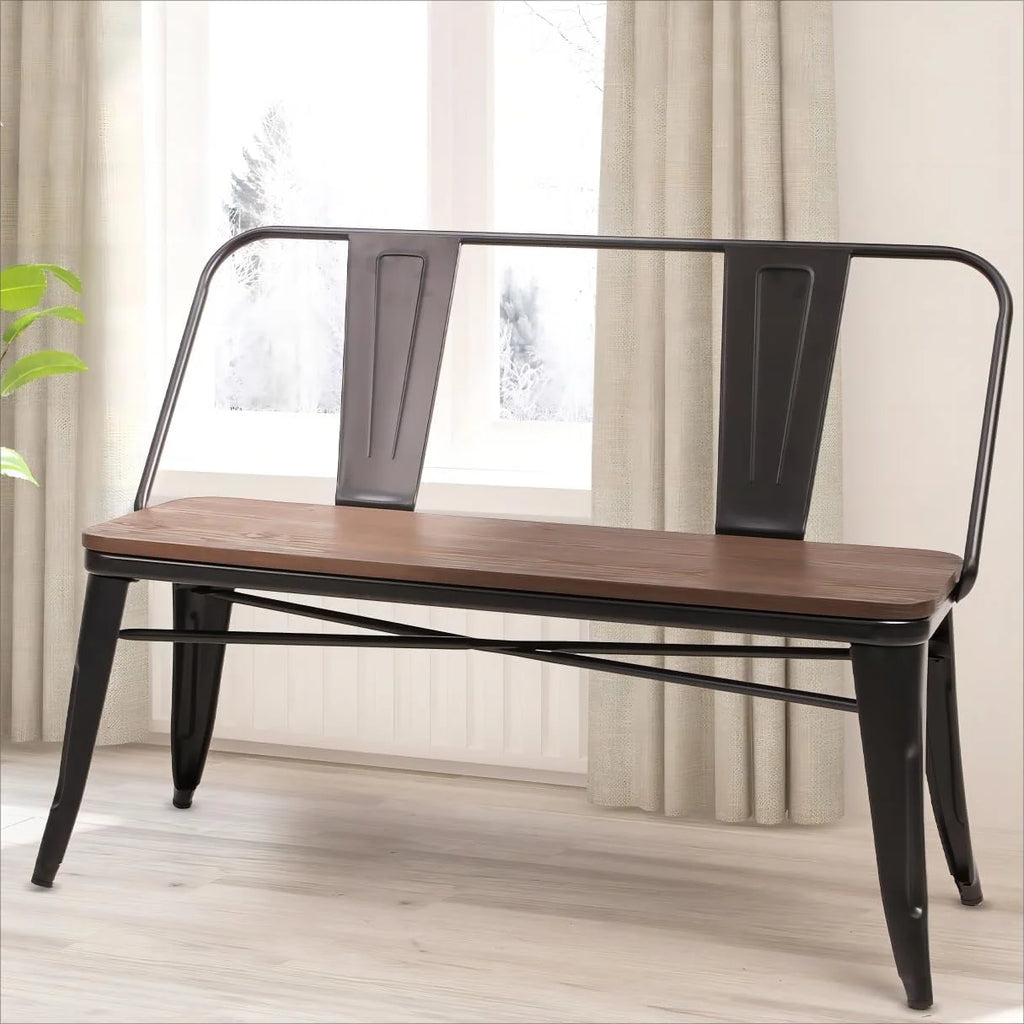 MELLCOM Metal Bench Industrial Mid - Century 2 Person Chair with Wood Seat, Dining Bench with Floor Protector