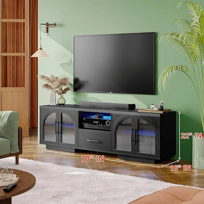 TV Stand for 75 in TV, LED TV Stand for Living Room, 70" Entertainment Center with Arched Glass Doors, Faux Marble Wood Finish Top, Adjustable Shelves, and LED Lighting, Black