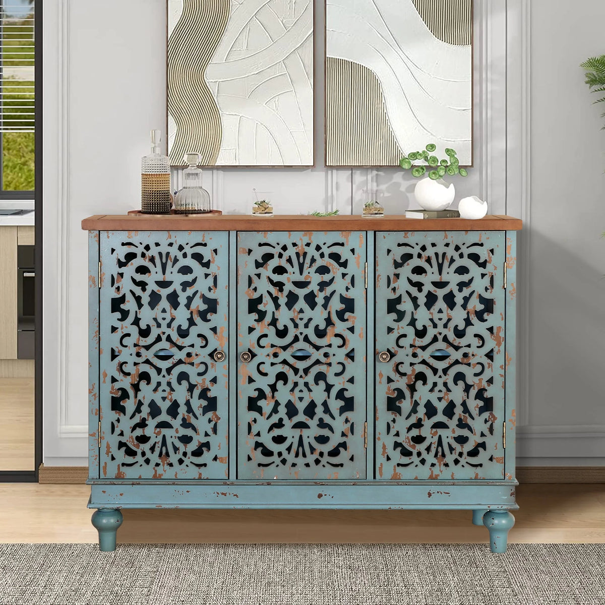 Sophia & William Hollow - Carved Credenzas and Sideboards, Wood Blue, 2 Shelves