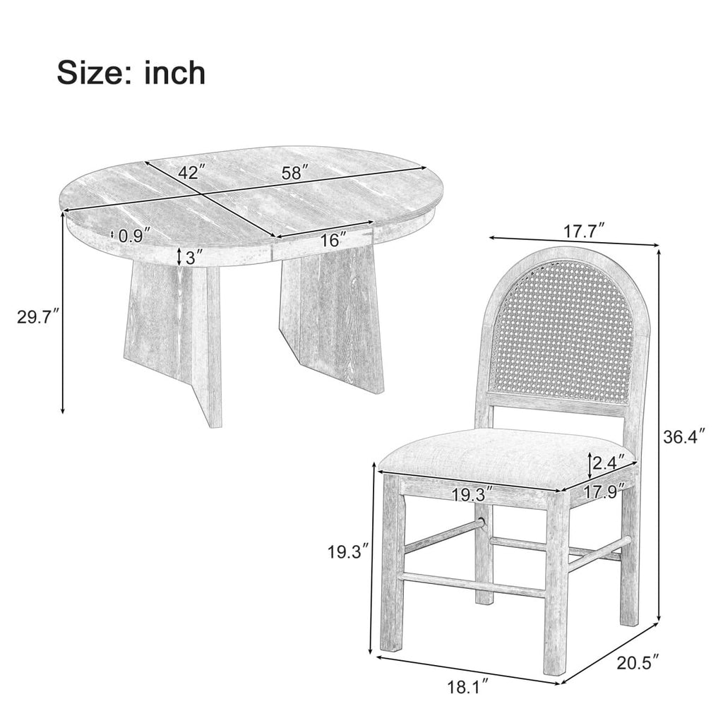 5 - Piece Extendable Dining Table Set for 4 People, Solid Wood Kitchen Table Set with 4 Upholstered Chairs and Rattan Backrests for Dining Room and Kitchen, Natural