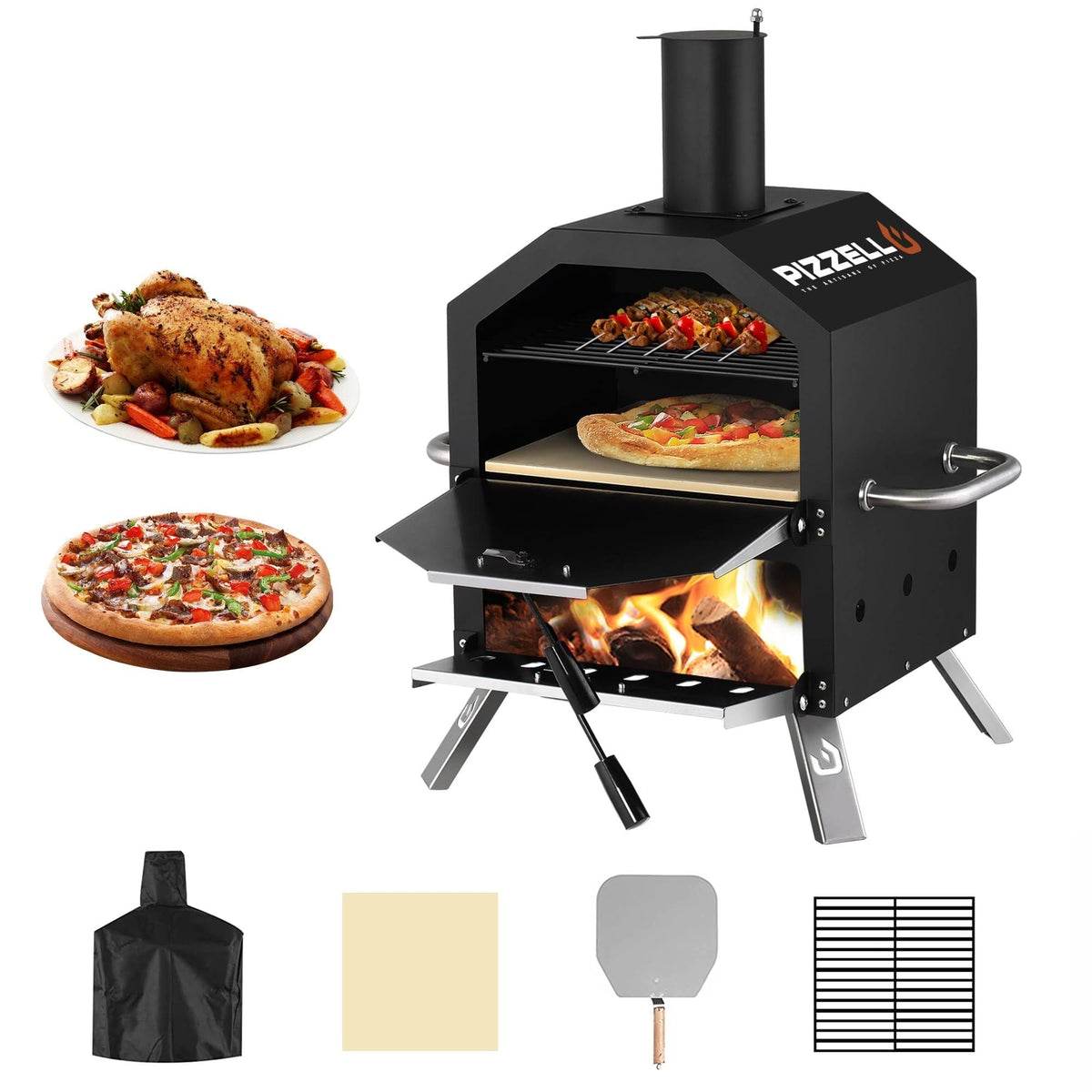 Pizzello Outdoor Pizza Oven Wood Burning for Cooking 2 Pizzas Outside Pizza Maker with Pizza Stone, Pizza Peel, Cover - Black + Silver