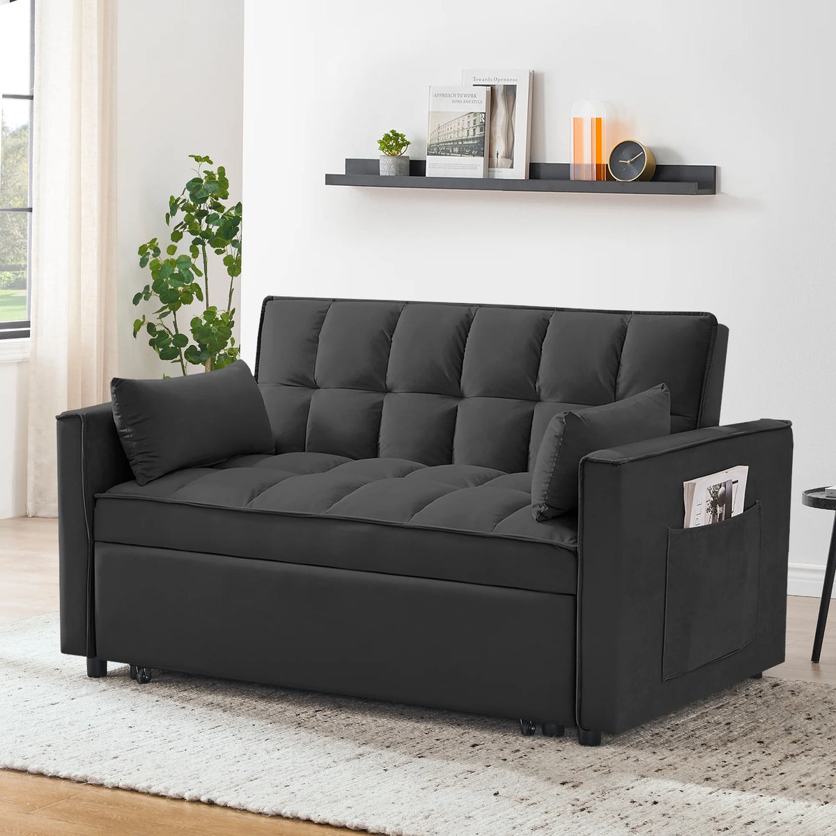 55 in Convertible Futon Sofa Bed, Modern Loveseat Sleeper Sofa Couch with Pull - Out Sofa Bed for Living Room, Small Space - Black