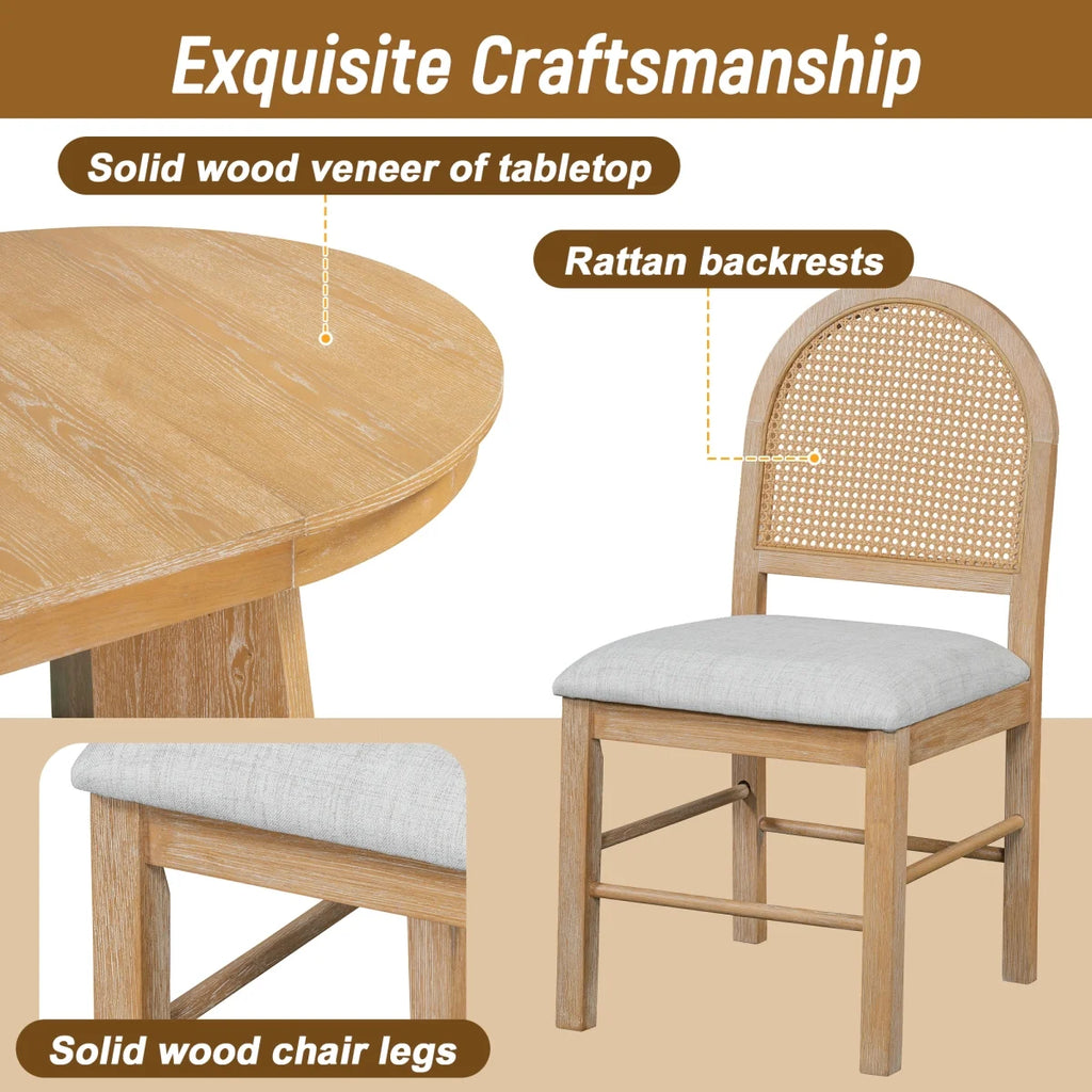 5 - Piece Extendable Dining Table Set for 4 People, Solid Wood Kitchen Table Set with 4 Upholstered Chairs and Rattan Backrests for Dining Room and Kitchen, Natural