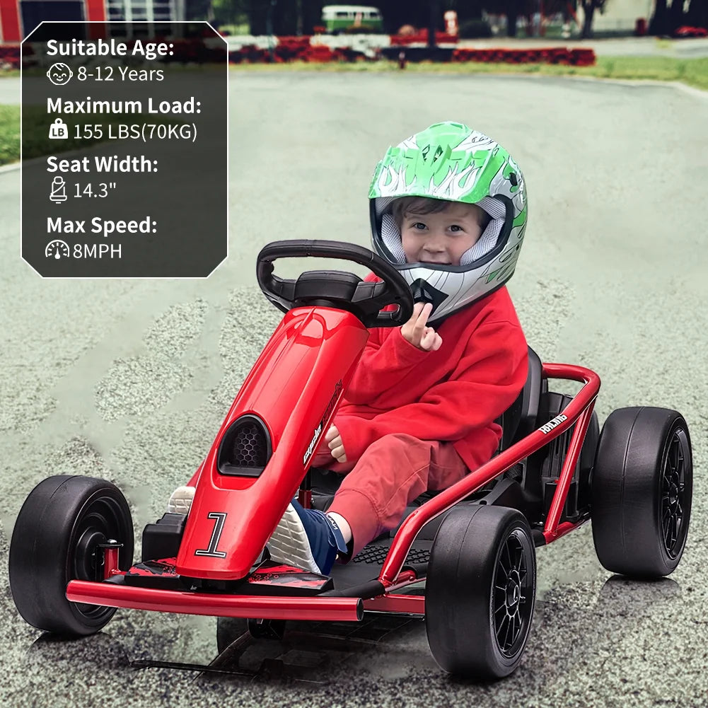 Kojooin Go Kart for Kids, 24V Battery 300WX2 Motors Pedal on Foot Go Cart, 8MPH High Speed Drifting Car with Slow Start Function, Rosé Red