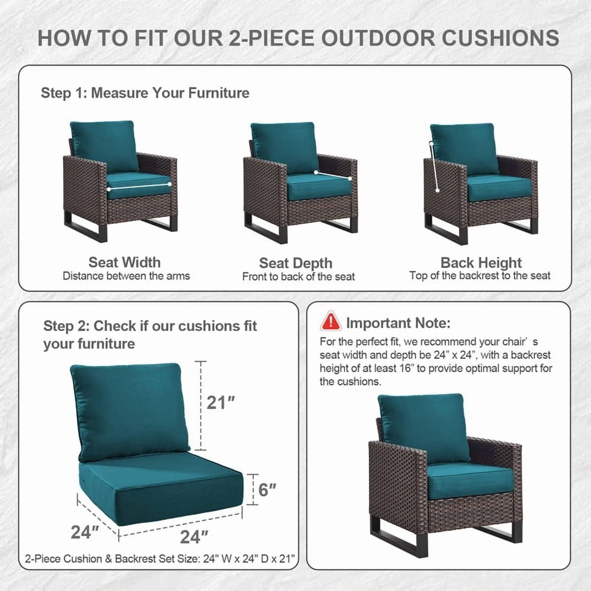 Bellefurn Outdoor Deep Seat Cushion 24 X 24 X 6 in for Patio Furniture, Outdoor Chair Cushions Waterproof & Fade Resistant Patio Furniture Cushions for Wicker Chair, Sofa, Couch