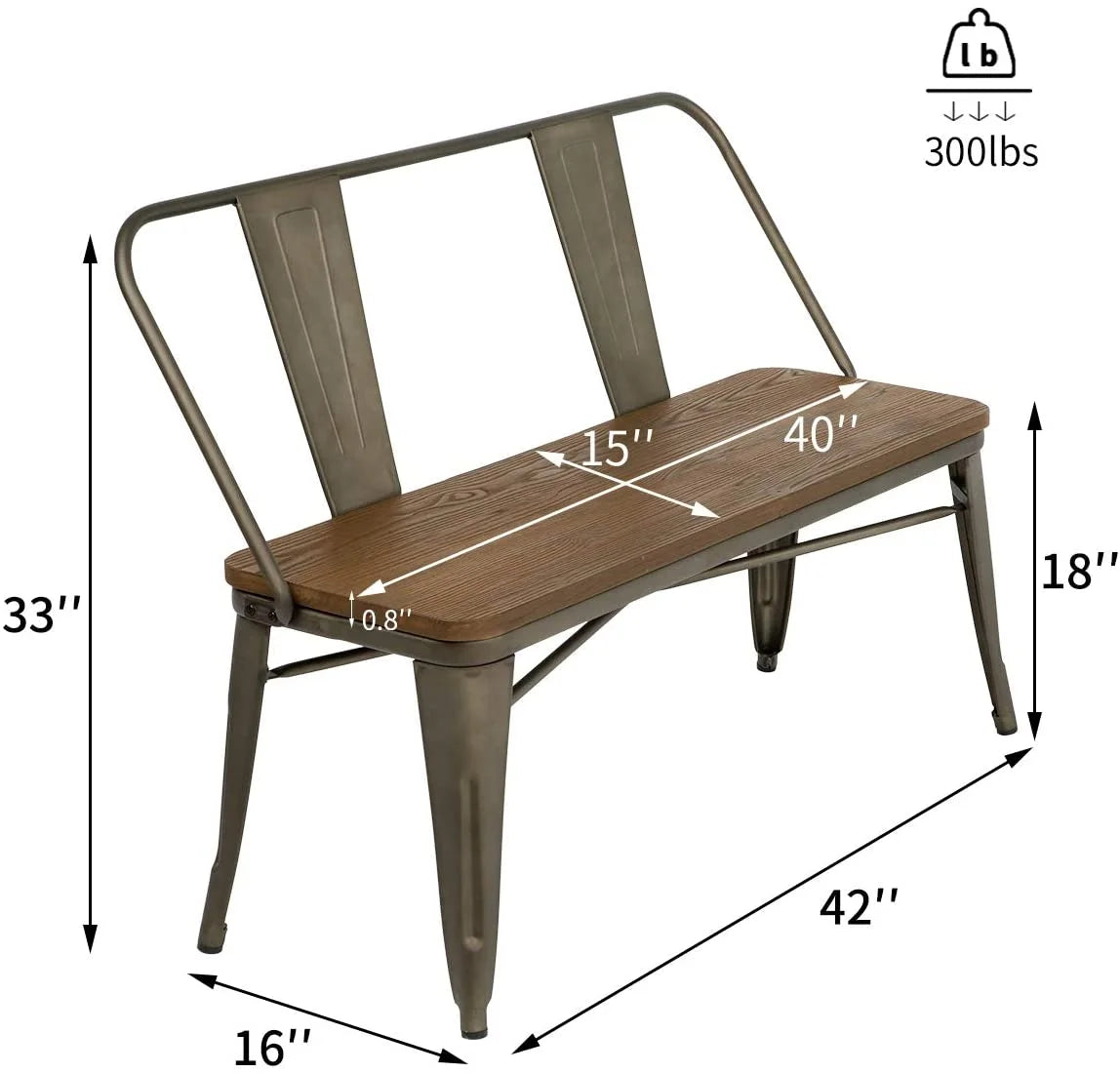MELLCOM Metal Bench Industrial Mid - Century 2 Person Chair with Wood Seat, Dining Bench with Floor Protector