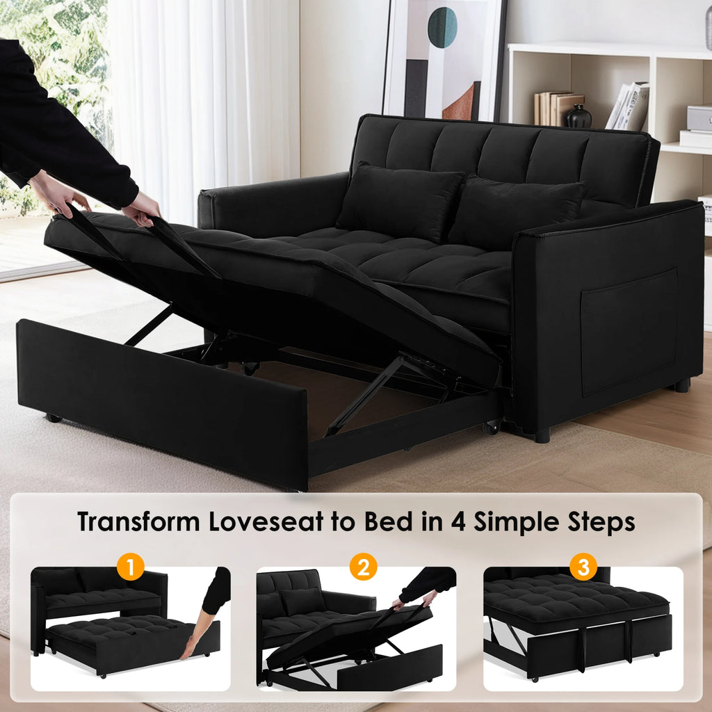 EPOWP Convertible Sofa Bed, 3 in 1 Pull Out Sleeper Loveseat Couch with Storage, Black