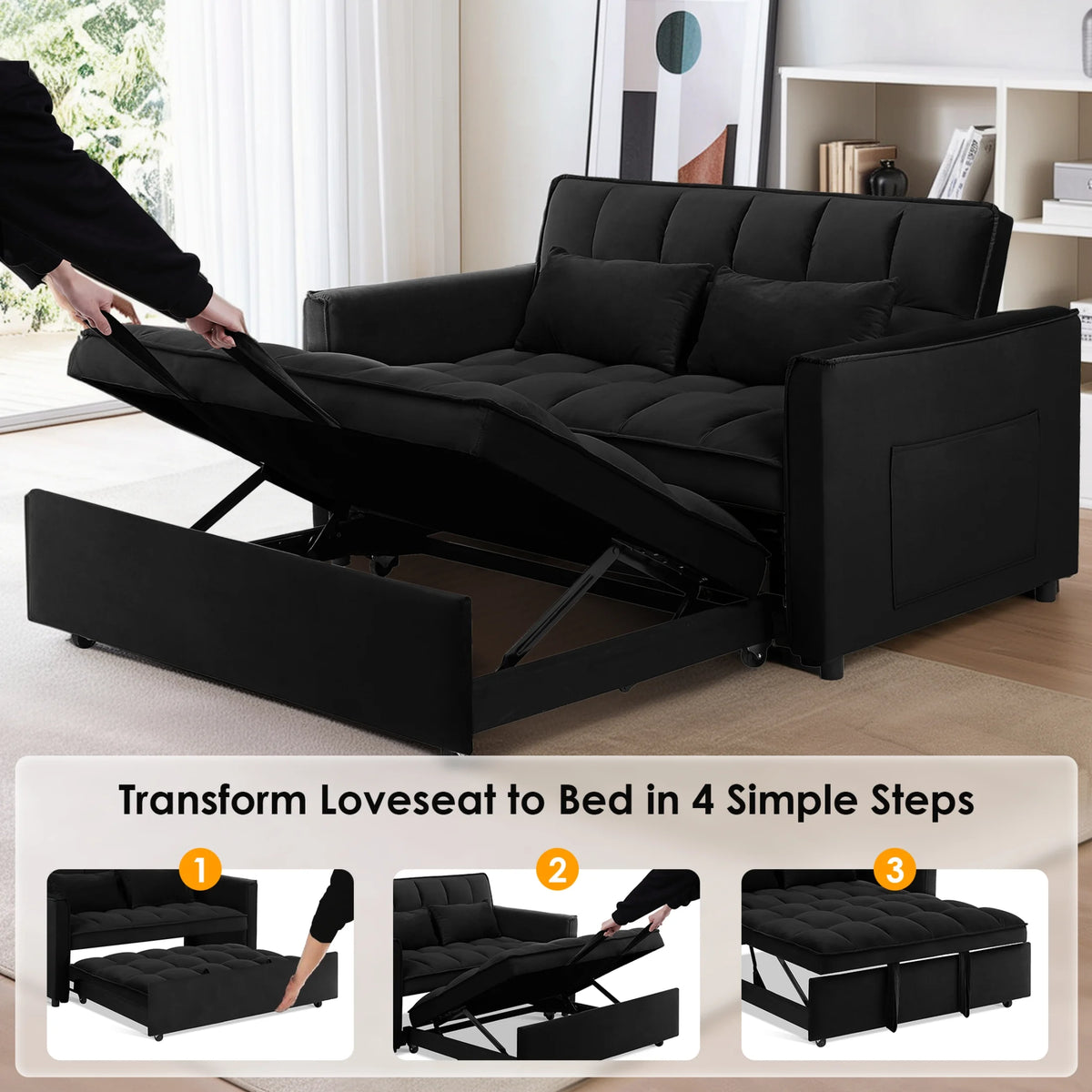 EPOWP Convertible Sofa Bed, 3 in 1 Pull Out Sleeper Loveseat Couch with Storage, Black