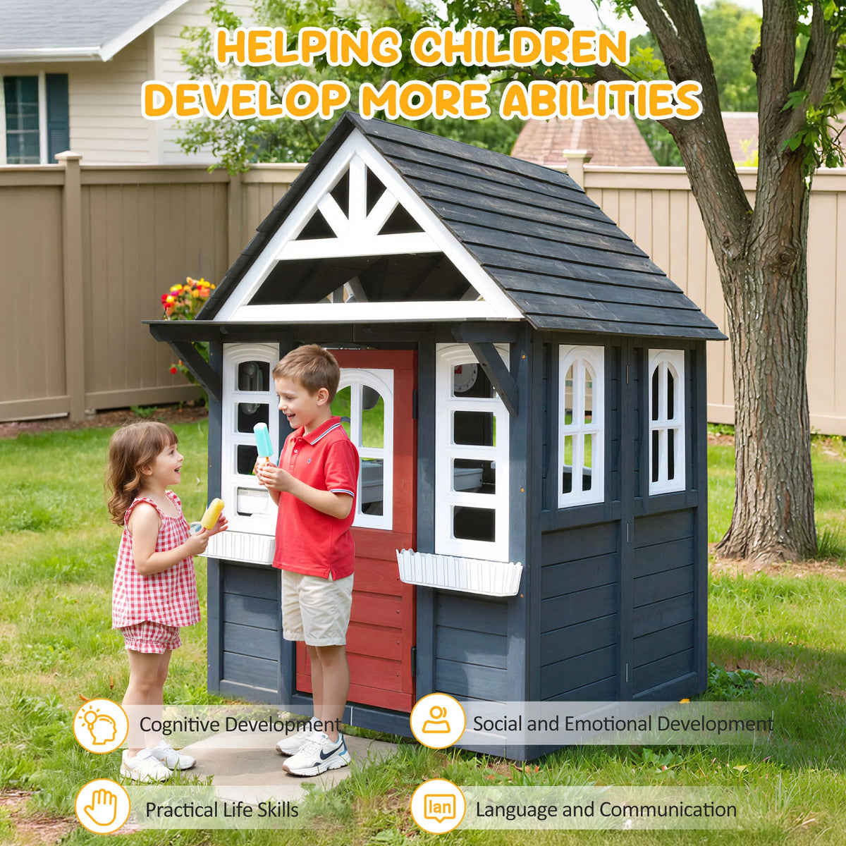 COCLUB Outdoor Playhouse for Kids Ages 4 - 8, Wooden Play House with Doorbell, Phone, Kitchen Toys, Outdoor Kids Play Equipment, Casa Para Niñas (45"l x 65"h), White & Black