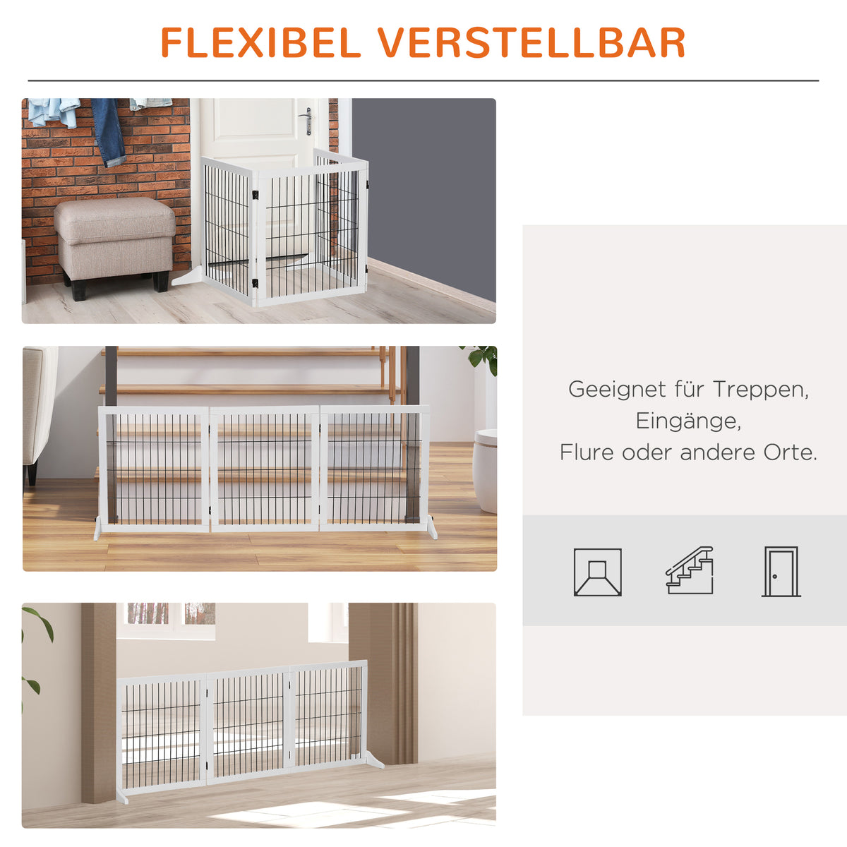 PawHut Absperrgitter für Hunde Schutzgitter Hundegitter mit Stützfüßen Treppengitter Hundeabsperrgitter Türschutzgitter für Kamin & Ofen, Kiefernholz Weiß 185 x 36 x 71 cm