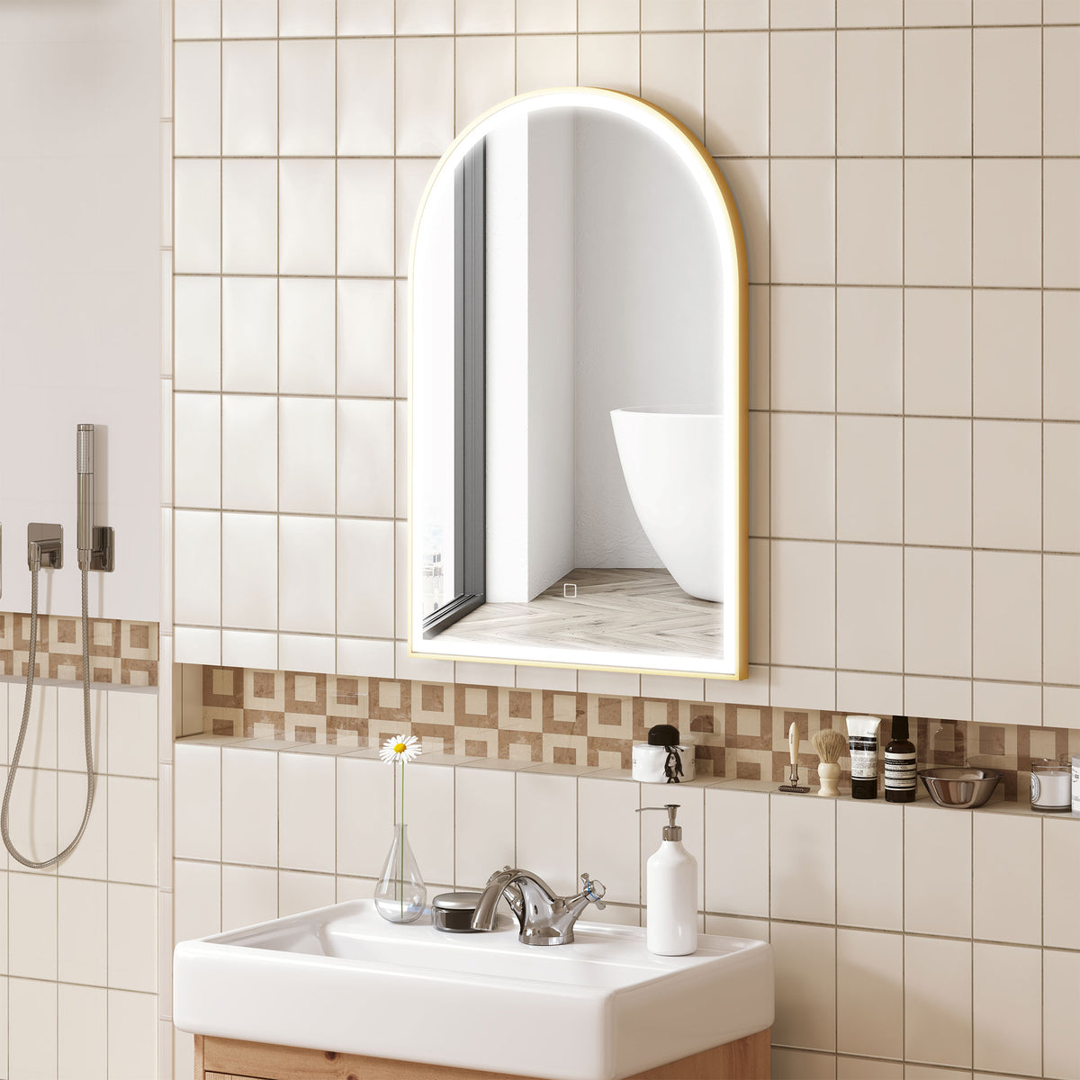 HOMCOM LED-Badezimmerspiegel 90 x 60cm, wandmontiert, 3 Farben, gewölbt, Aluminiumrahmen, Entfeuchtung und Touchschalter