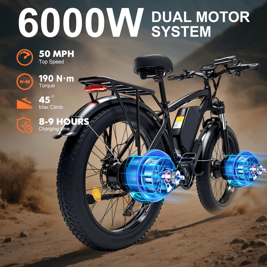 Electric Fat Tire Bike for Adults, 6000W Dual Motor Ebike, Max 50MPH 26"x4.0 Off - Road Mountain Electric Bicycle, 60V 25AH, UL2849
