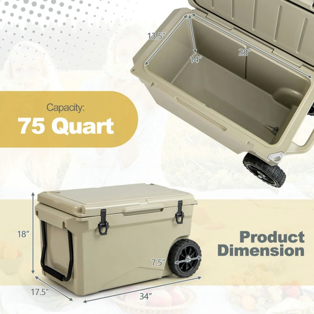 GVN Refrigerator Freezer, Fridge, 75 Quart Portable Cooler Rotomolded Ice Chest with Handles and Wheels - Tan