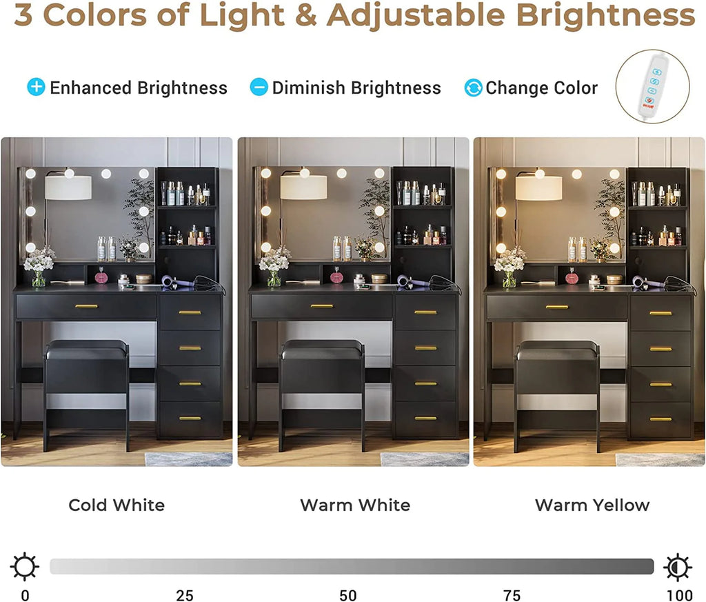 Black Vanity Set with Lights & Charging Station & Cushioned Stool, Modern Makeup Vanity Desk Table with Visible Drawers and Open Storage Shelves for Women Girls