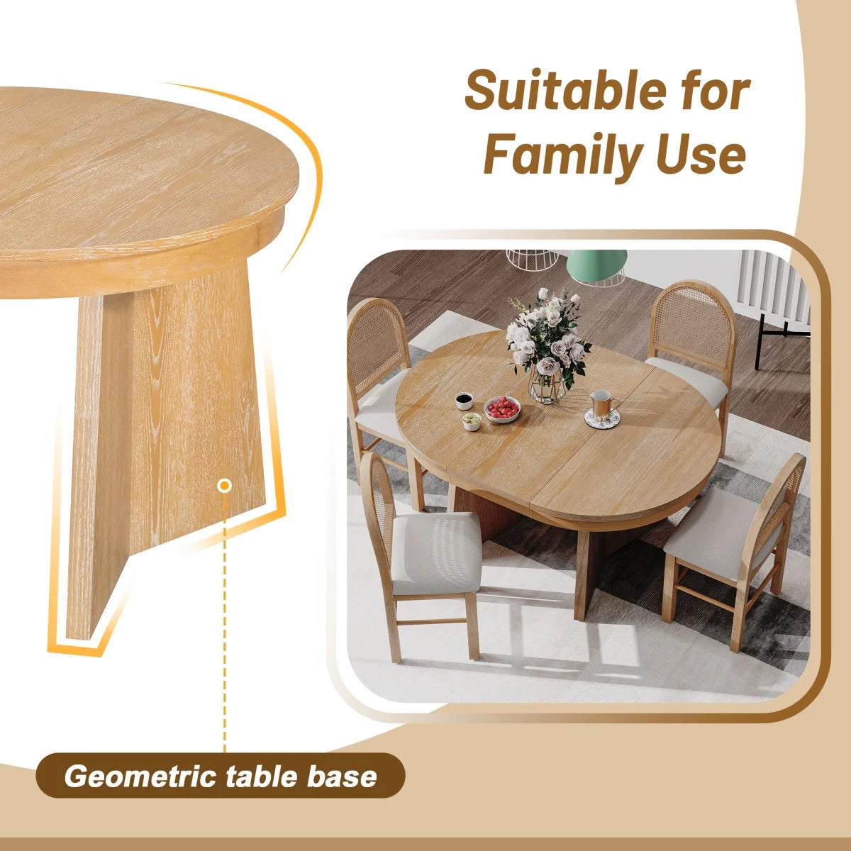 5 - Piece Extendable Dining Table Set for 4 People, Solid Wood Kitchen Table Set with 4 Upholstered Chairs and Rattan Backrests for Dining Room and Kitchen, Natural