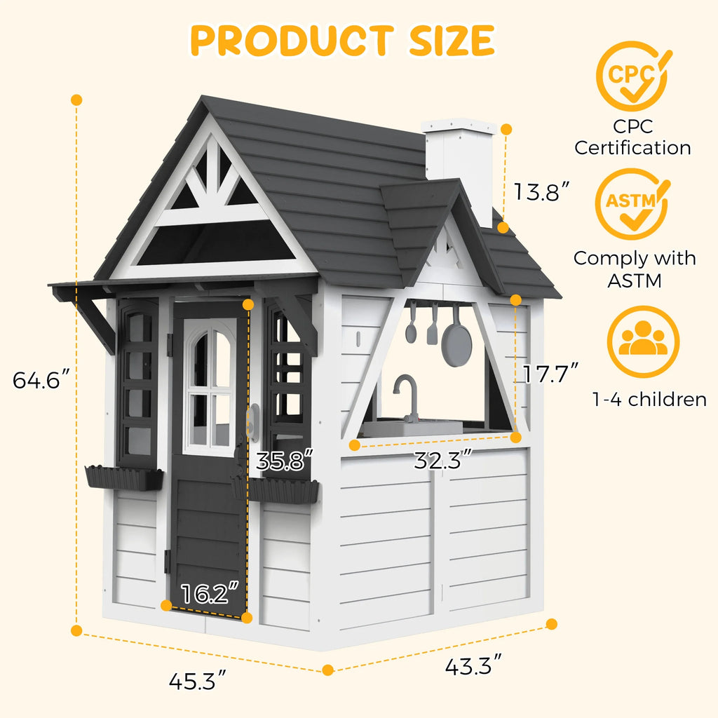 COCLUB Outdoor Playhouse for Kids Ages 4 - 8, Wooden Play House with Doorbell, Phone, Kitchen Toys, Outdoor Kids Play Equipment, Casa Para Niñas (45"l x 65"h), White & Black