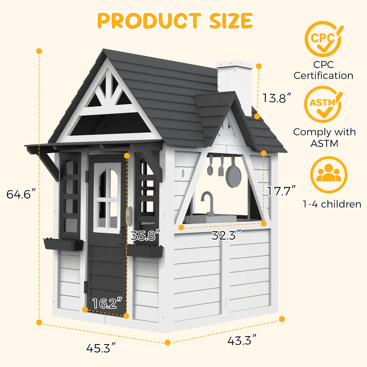COCLUB Outdoor Playhouse for Kids Ages 4 - 8, Wooden Play House with Doorbell, Phone, Kitchen Toys, Outdoor Kids Play Equipment, Casa Para Niñas (45"l x 65"h), White & Black