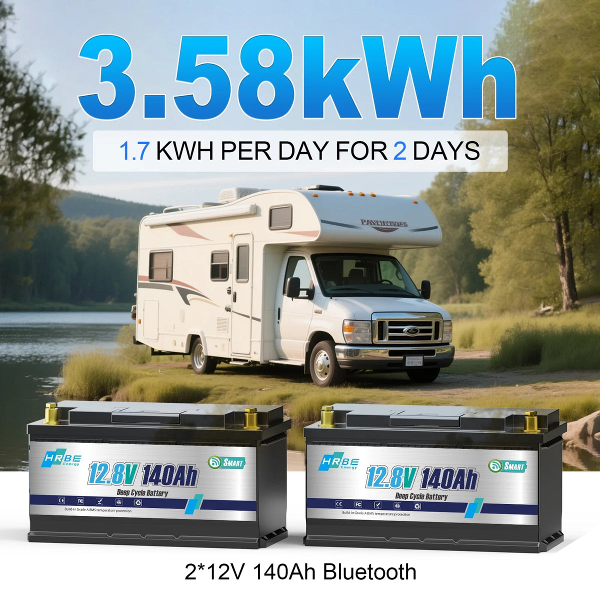 2pack 12V 140ah LiFePO4 Battery Bluetooth, for RV, Trolling Motor, Solar, Marine, Boat, Van, Backup Power, 15000+Deep Cycles Lithium Batteries