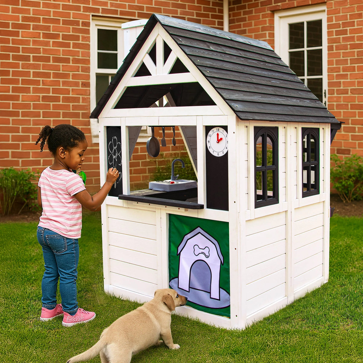 COCLUB Outdoor Playhouse for Kids Ages 4 - 8, Wooden Play House with Doorbell, Phone, Kitchen Toys, Outdoor Kids Play Equipment, Casa Para Niñas (45"l x 65"h), White & Black