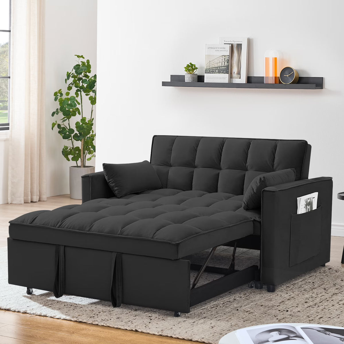 55 in Convertible Futon Sofa Bed, Modern Loveseat Sleeper Sofa Couch with Pull - Out Sofa Bed for Living Room, Small Space - Black