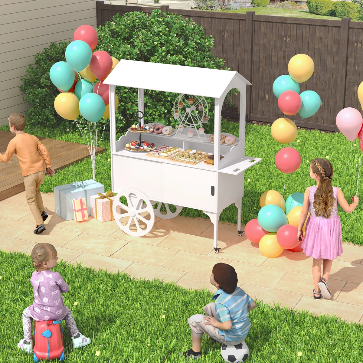 Candy Cart with Wheels for Party .wood Dessert Cart with Storage Cabinet