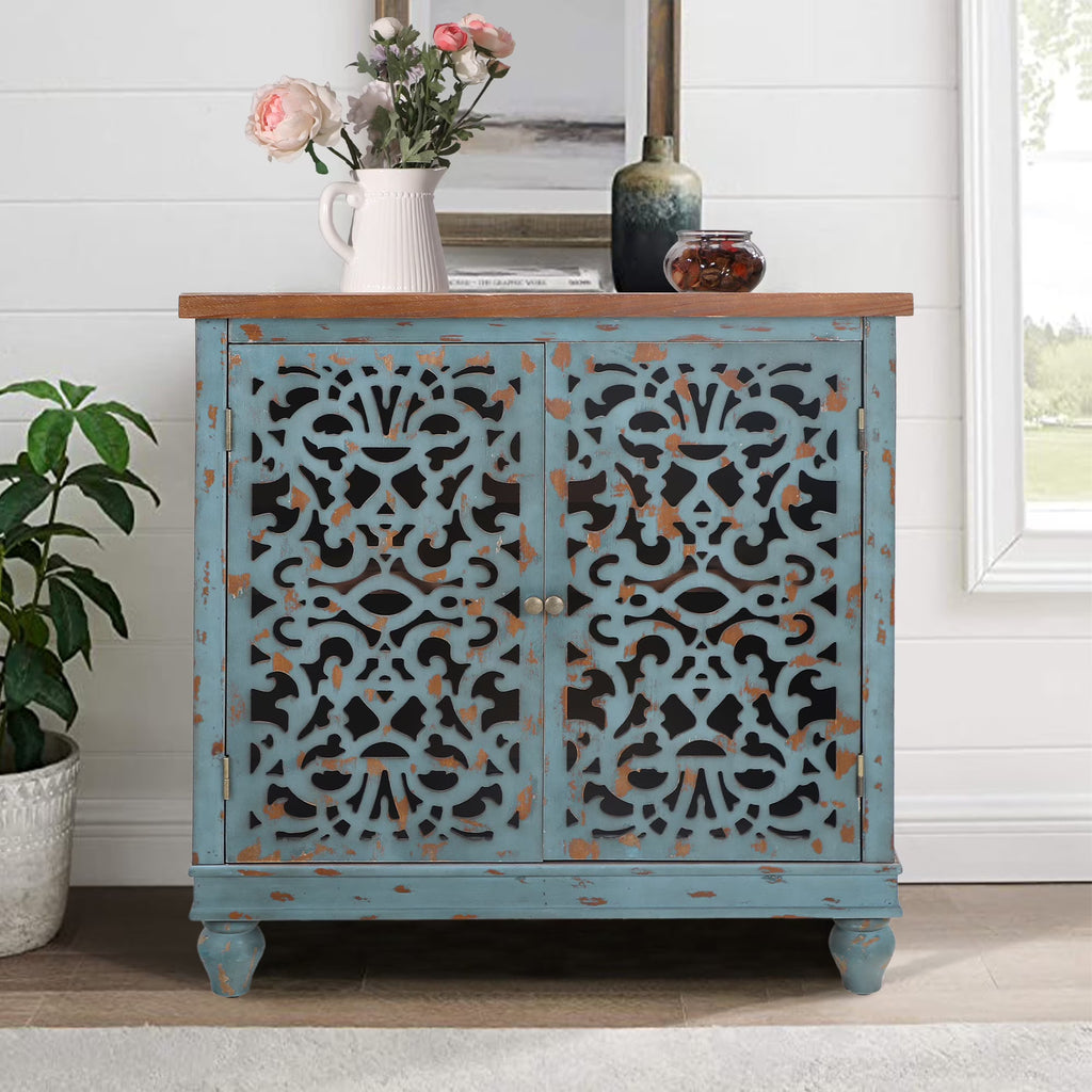 Sophia & William Hollow - Carved Credenzas and Sideboards, Wood Blue, 2 Shelves