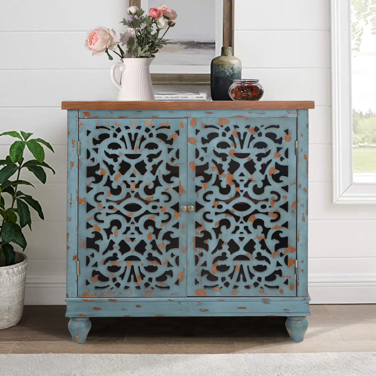 Sophia & William Hollow - Carved Credenzas and Sideboards, Wood Blue, 2 Shelves