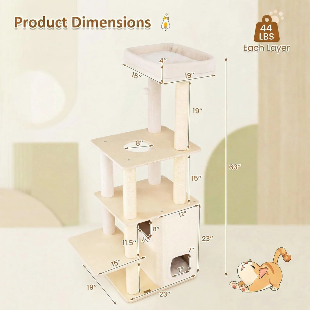 Tangkula Tall Cat Tree 63 Inch Multi-Level Wood Cat Tower