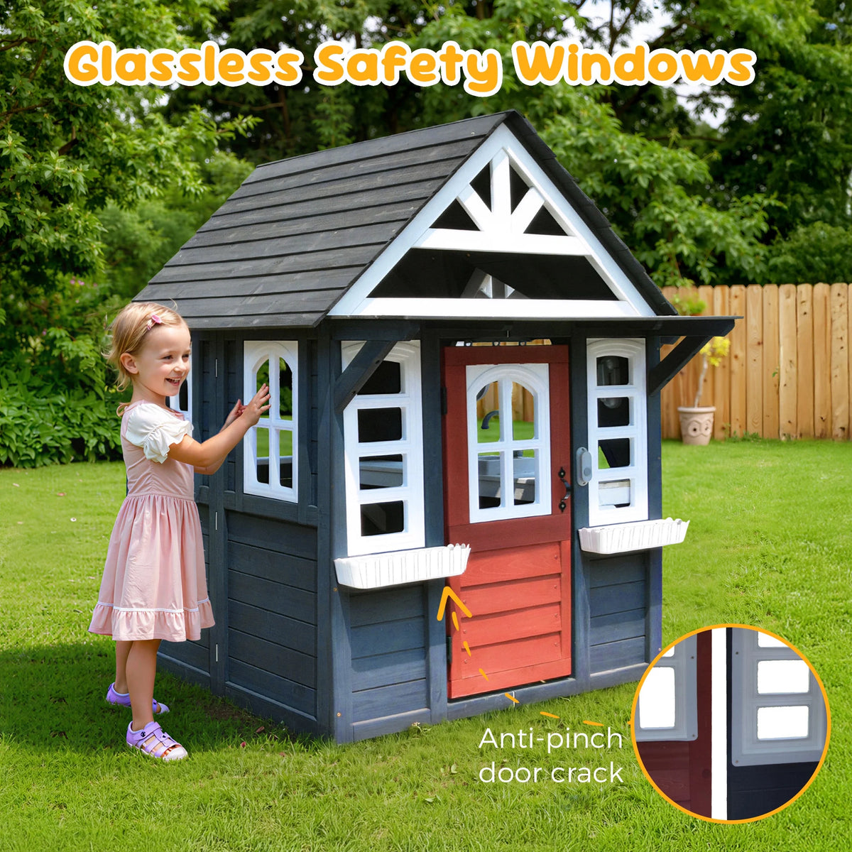 COCLUB Outdoor Playhouse for Kids Ages 4 - 8, Wooden Play House with Doorbell, Phone, Kitchen Toys, Outdoor Kids Play Equipment, Casa Para Niñas (45"l x 65"h), White & Black