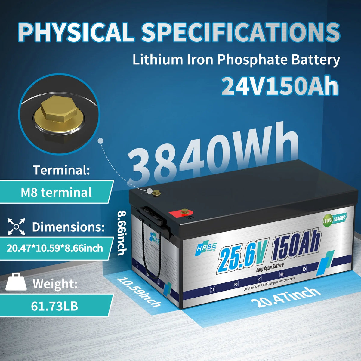 24V 150AH LiFePO4 Lithium Battery, HRBEENERGY for RV, Solar Panel Kit, Trolling Motors, Camper, Marine, Off Grid, 15000+Deep Cycles, 3840WH