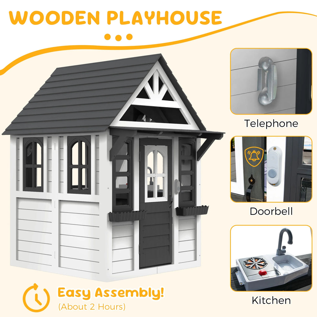 COCLUB Outdoor Playhouse for Kids Ages 4 - 8, Wooden Play House with Doorbell, Phone, Kitchen Toys, Outdoor Kids Play Equipment, Casa Para Niñas (45"l x 65"h), White & Black