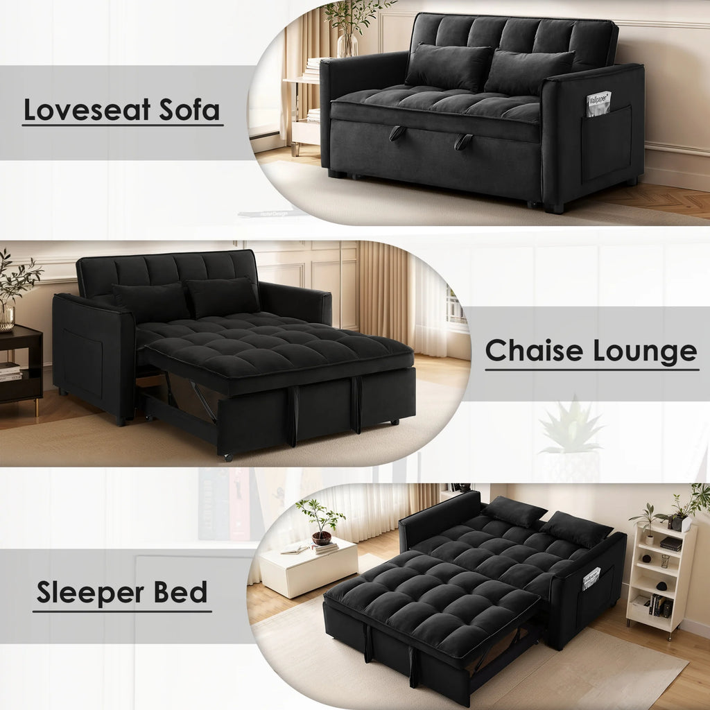 EPOWP Convertible Sofa Bed, 3 in 1 Pull Out Sleeper Loveseat Couch with Storage, Black
