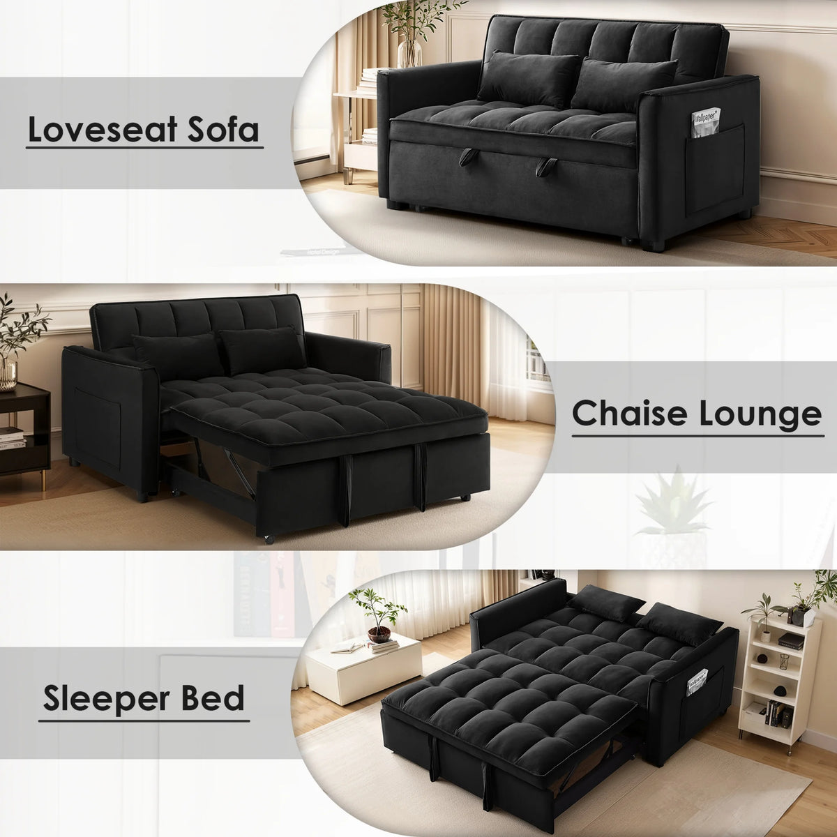 EPOWP Convertible Sofa Bed, 3 in 1 Pull Out Sleeper Loveseat Couch with Storage, Black