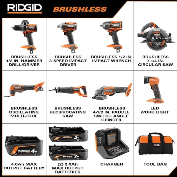 18V Brushless 8 - Tool Combo Kit W/ (2) 2.0 Ah and (1) 4.0 Ah MAX Output Batteries, Charger, & FREE 18V 4.0 Ah Battery