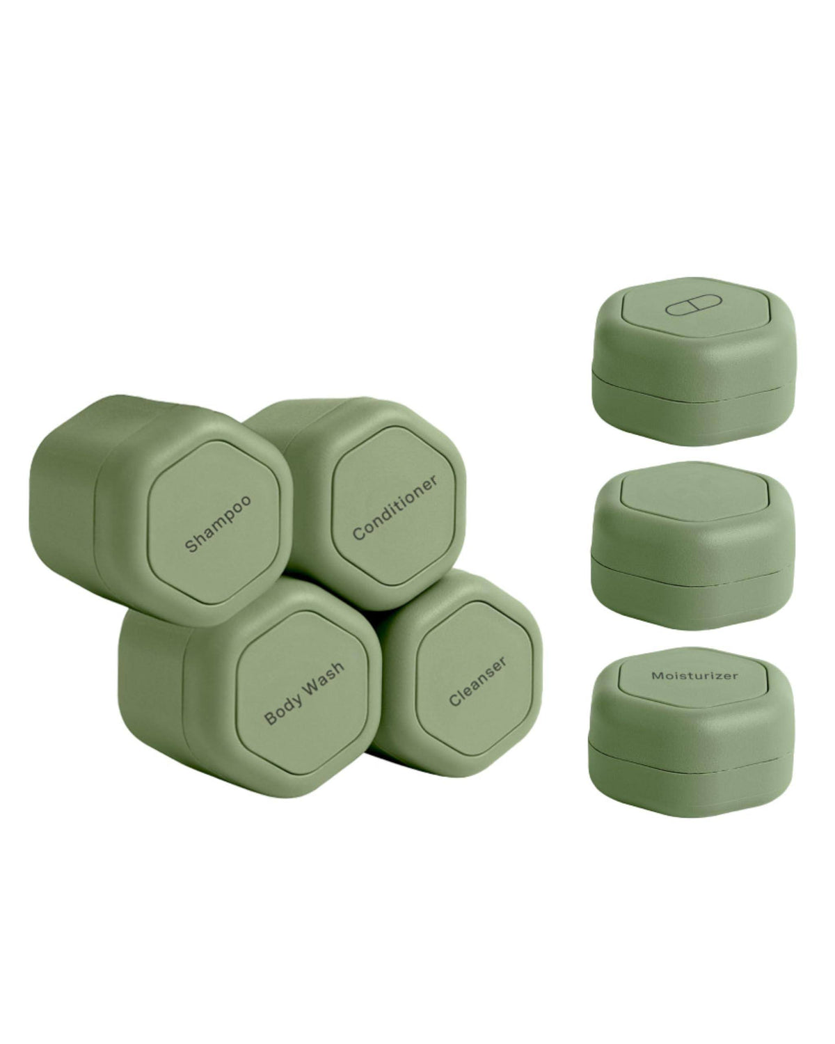 Cadence Travel Containers - Daily Routine Capsule Set - Magnetic Travel Capsules - for Shampoo, Conditioner, Body Wash, Pills, and More - 4 Flex