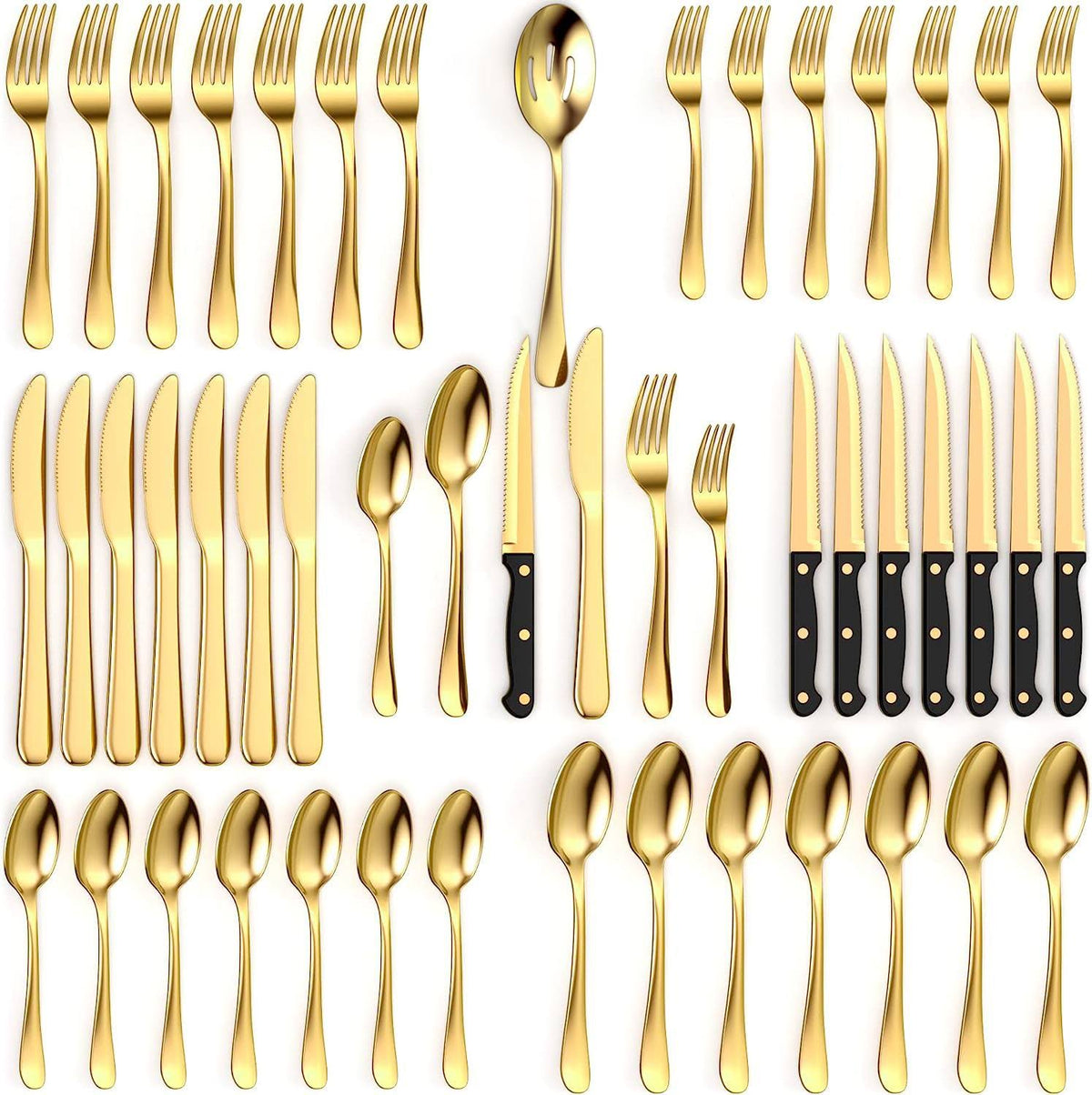 Tribal Cooking 49 Piece Gold Silverware Set - Service for 8 - Stainless Steel Gold Flatware Serving Set - Cutlery Set - Knives, Fork, and Spoon -