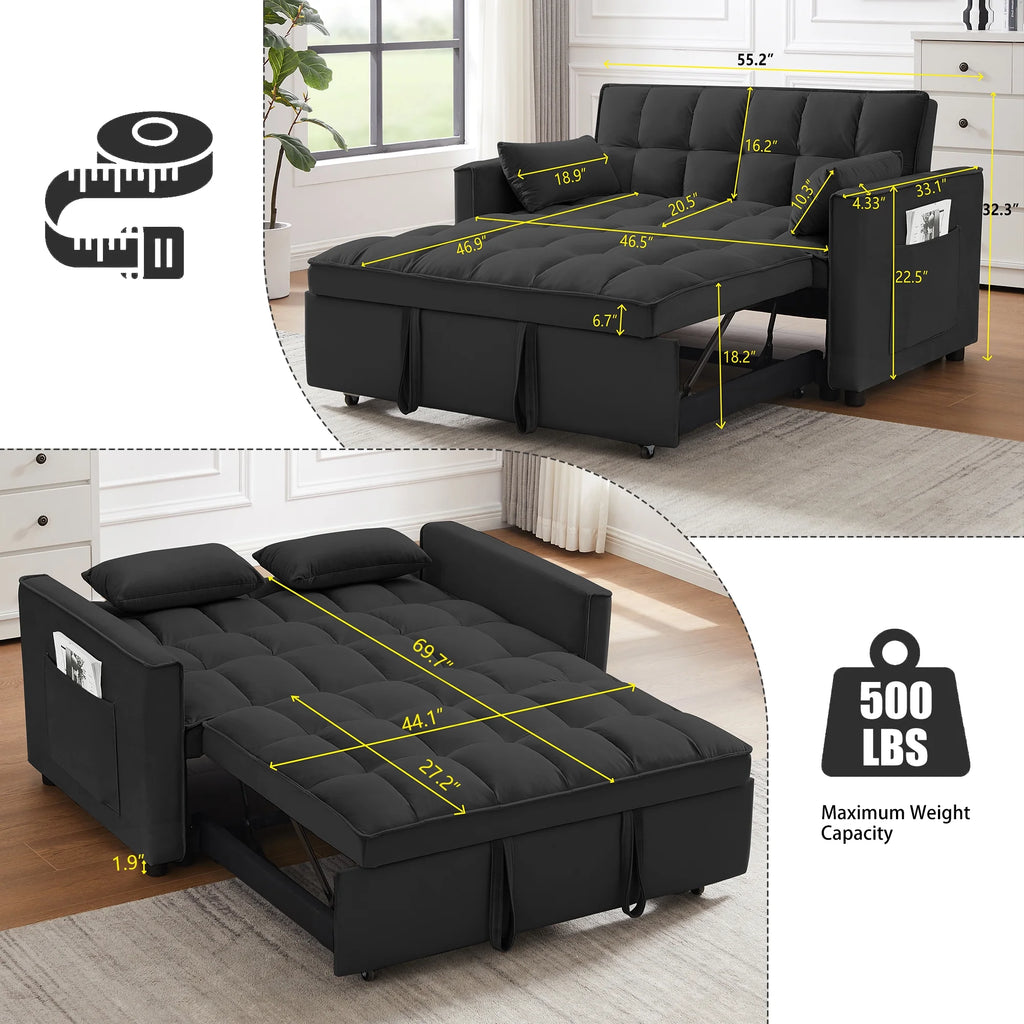 55 in Convertible Futon Sofa Bed, Modern Loveseat Sleeper Sofa Couch with Pull - Out Sofa Bed for Living Room, Small Space - Black